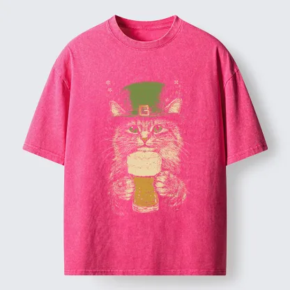 Tokyo-Tiger St Patrick's Day Drinking Cat Washed T-Shirt