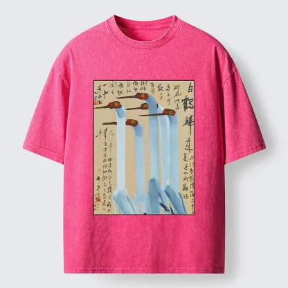 Tokyo-Tiger Vintage Ink Painting Crane Art Washed T-Shirt