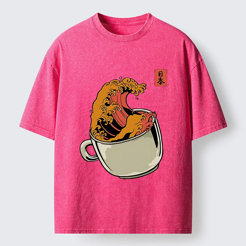 Tokyo-Tiger Japanese Wave Coffee Ukiyoe Washed T-Shirt