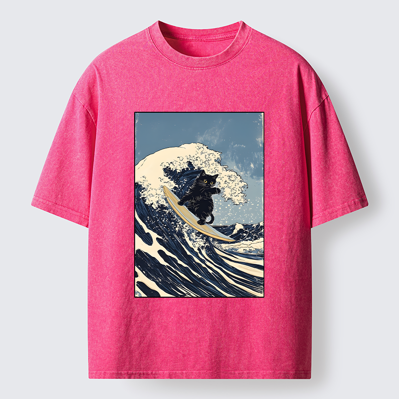 Tokyo-Tiger Black Cat Surfing Wave Japanese Ukiyoe Washed T-Shirt