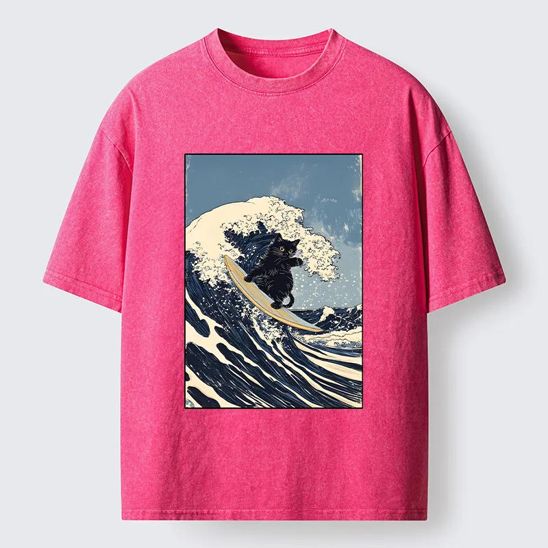 Tokyo-Tiger Black Cat Surfing Wave Japanese Ukiyoe Washed T-Shirt