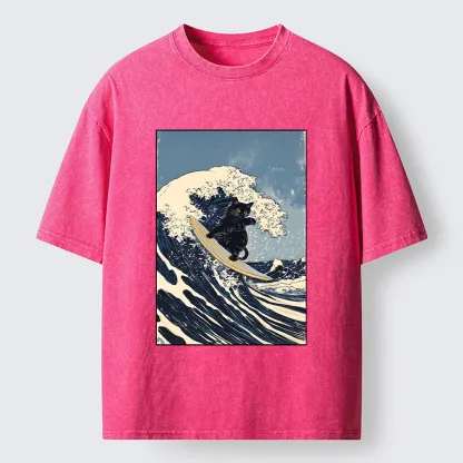 Tokyo-Tiger Black Cat Surfing Wave Japanese Ukiyoe Washed T-Shirt