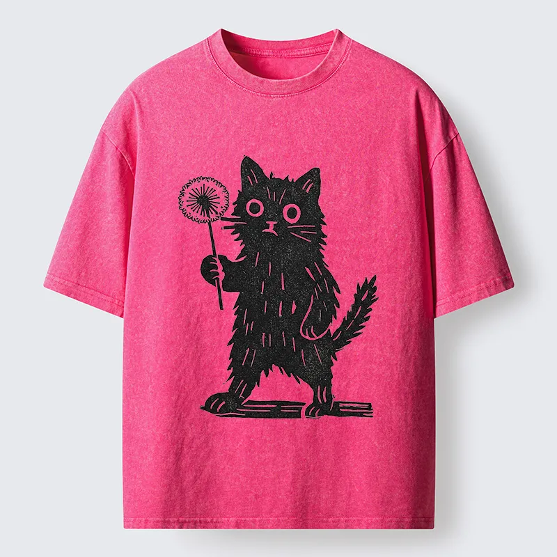 Tokyo-Tiger Cat And Dandelion Woodblock Washed T-Shirt