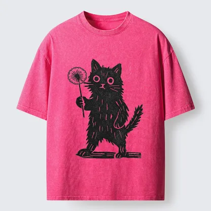 Tokyo-Tiger Cat And Dandelion Woodblock Washed T-Shirt