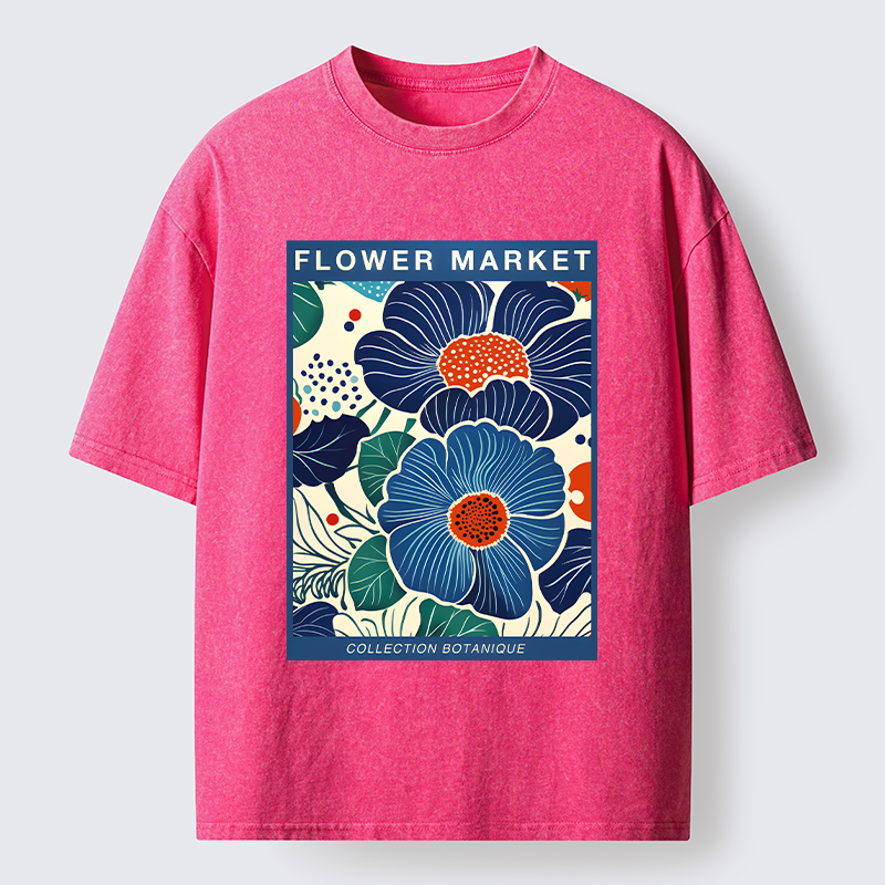 Tokyo-Tiger Blue Flowers Botanical Art Washed T-Shirt