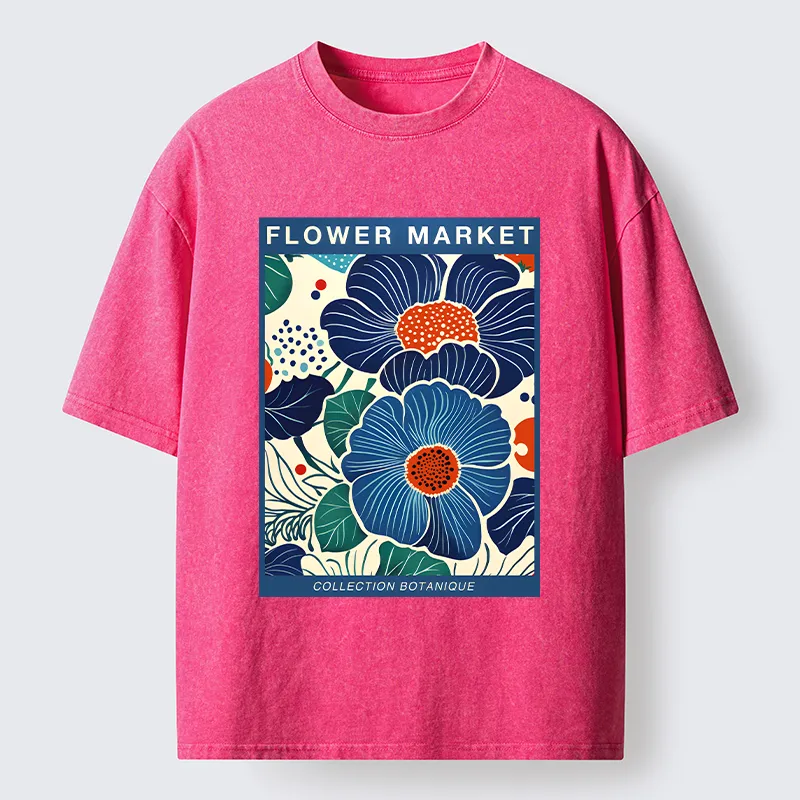 Tokyo-Tiger Blue Flowers Botanical Art Washed T-Shirt