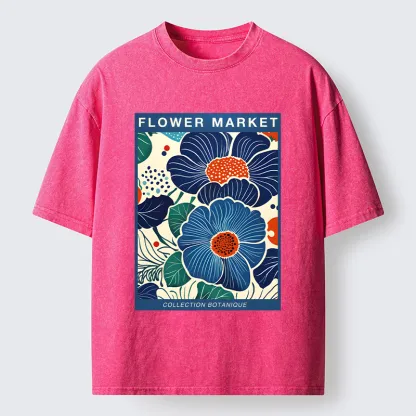 Tokyo-Tiger Blue Flowers Botanical Art Washed T-Shirt