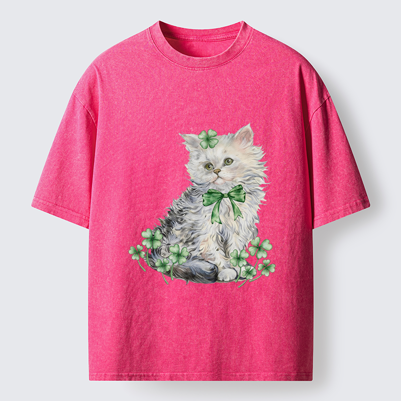 Tokyo-Tiger St Patricks Day Cat Clover Washed T-Shirt