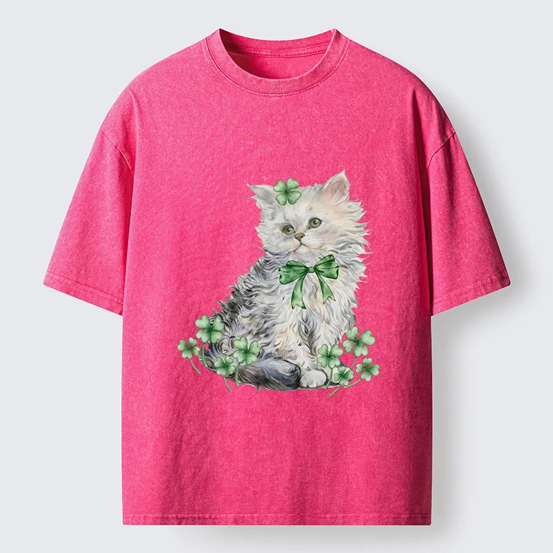 Tokyo-Tiger St Patricks Day Cat Clover Washed T-Shirt