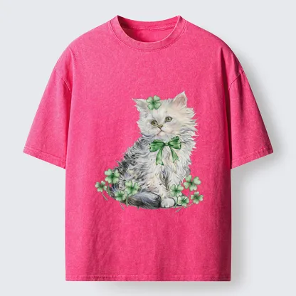 Tokyo-Tiger St Patricks Day Cat Clover Washed T-Shirt