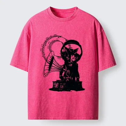 Tokyo-Tiger Vintage Cat Phonograph Music Washed T-Shirt