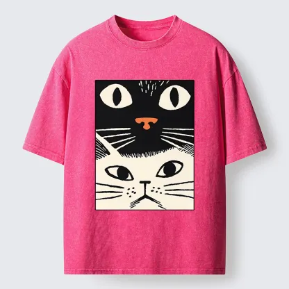 Tokyo-Tiger Black Cat And White Cat Washed T-Shirt
