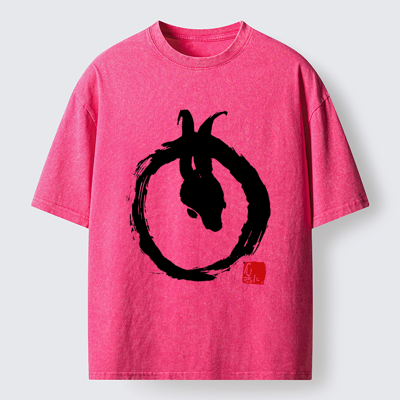 Tokyo-Tiger Ink Painting Zen Enso Rabbit Washed T-Shirt