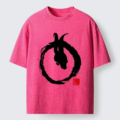 Tokyo-Tiger Ink Painting Zen Enso Rabbit Washed T-Shirt