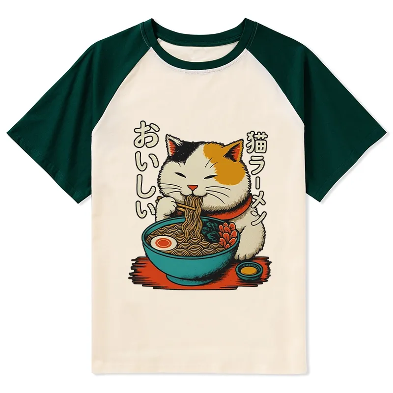 Tokyo-Tiger Cute Eat Eating Japanese Ramen Raglan T-shirt