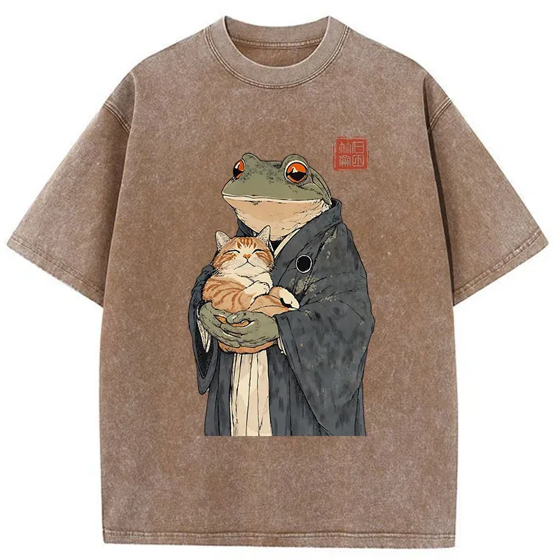 Tokyo-Tiger A Frog Holding A Cat Washed T-Shirt