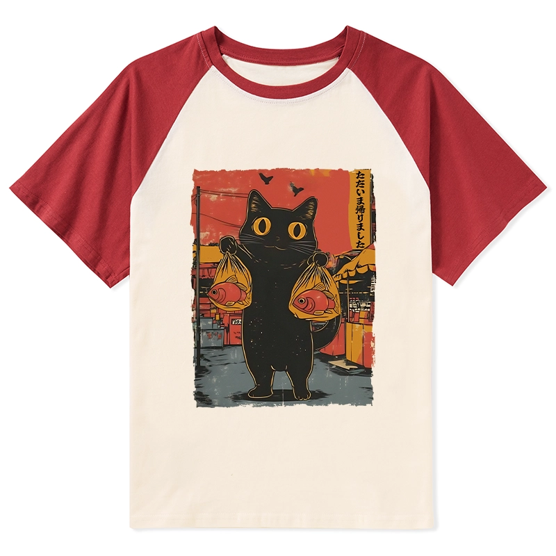 Tokyo-Tiger Cat Fishing Japanese Raglan T-shirt