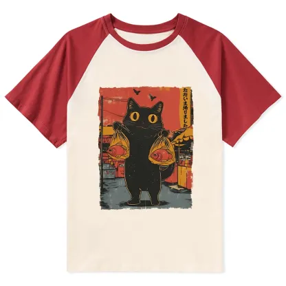 Tokyo-Tiger Cat Fishing Japanese Raglan T-shirt