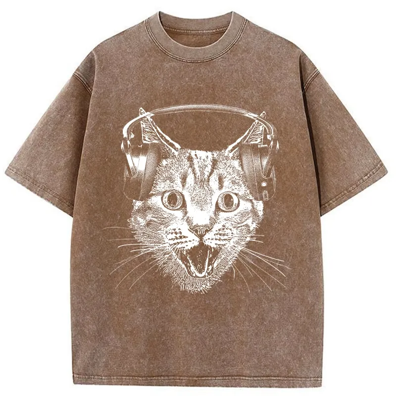 Tokyo-Tiger Cat With Headphones Washed T-Shirt