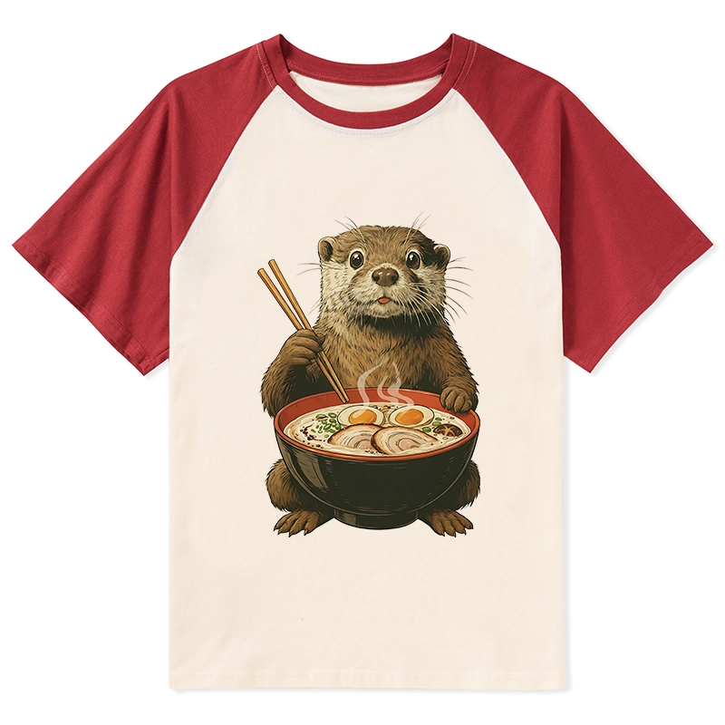 Tokyo-Tiger Japanese Otter Eating Ramen Raglan T-shirt