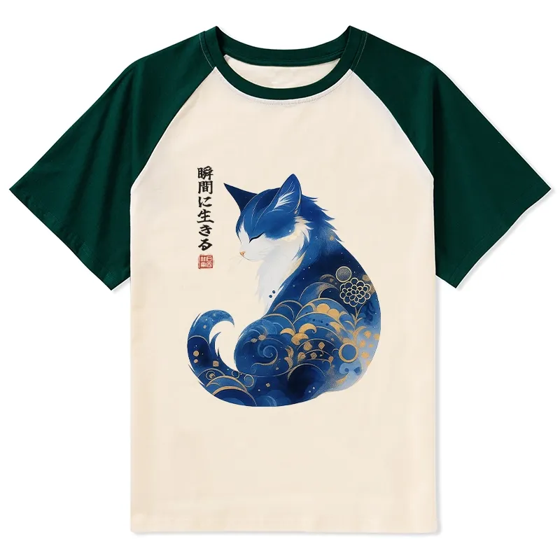 Tokyo-Tiger Retro Zen Cat: Living the Present Raglan T-shirt