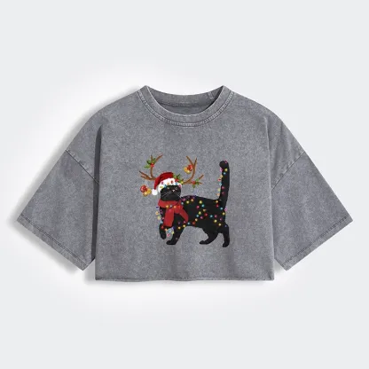 Tokyo-Tiger Christmas Black Cat Women's Washed Crop T-Shirt