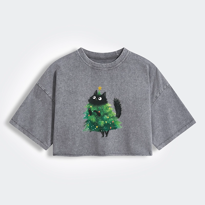 Tokyo-Tiger Christmas Tree Cat Japan Women's Washed Crop T-Shirt
