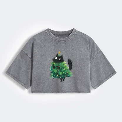 Tokyo-Tiger Christmas Tree Cat Japan Women's Washed Crop T-Shirt