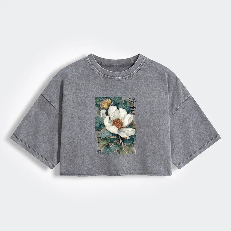 Tokyo-Tiger Ukiyoe Magnolia Flower Poster Women's Washed Crop T-Shirt