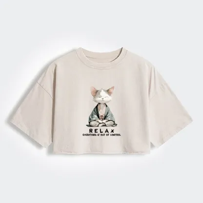 Tokyo-Tiger Zen Cat Relaxation，Everything's Out Of Control Women's Washed Crop T-Shirt