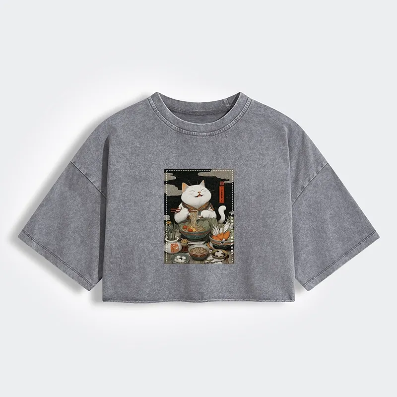 Tokyo-Tiger The Ramen-Loving Cat Women's Washed Crop T-Shirt