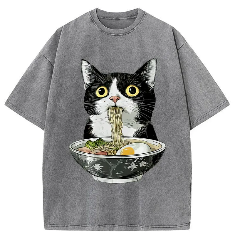 Tokyo-Tiger Cute Cat Eating Japan Ramen Washed T-Shirt