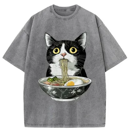 Tokyo-Tiger Cute Cat Eating Japan Ramen Washed T-Shirt