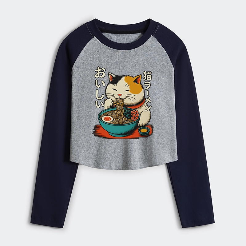 Tokyo-Tiger Cute Eat Eating Japanese Ramen Women's Crop Raglan T-Shirt