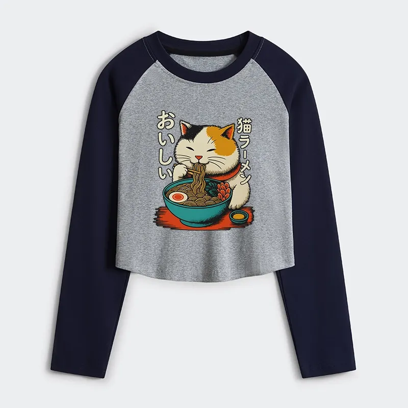 Tokyo-Tiger Cute Eat Eating Japanese Ramen Women's Crop Raglan T-Shirt