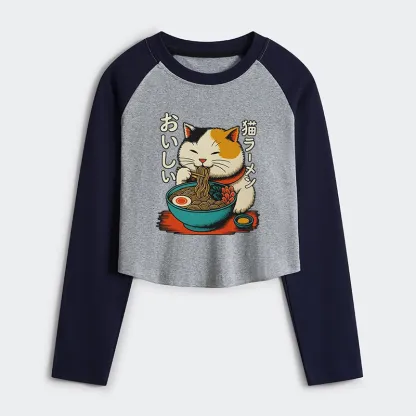 Tokyo-Tiger Cute Eat Eating Japanese Ramen Women's Crop Raglan T-Shirt