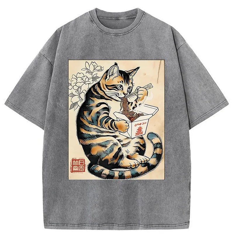 Tokyo-Tiger Cat Eating Takeout Washed T-Shirt