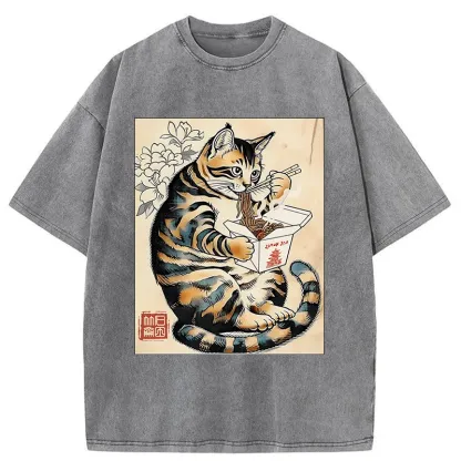 Tokyo-Tiger Cat Eating Takeout Washed T-Shirt