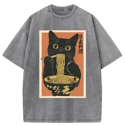 Tokyo-Tiger Black Cat Eats Japan Ramen Washed T-Shirt