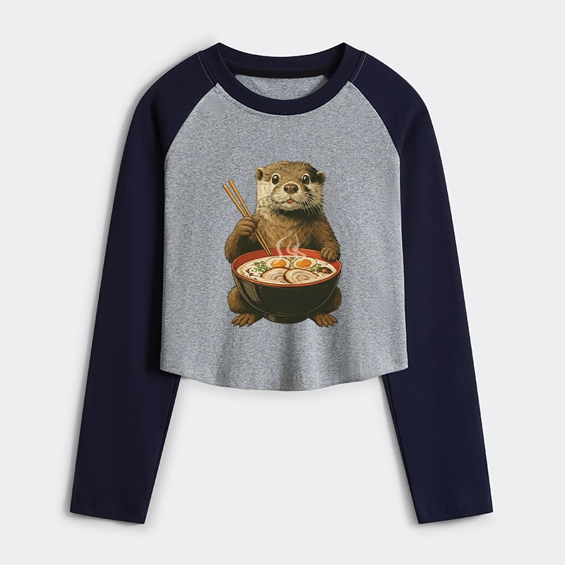 Tokyo-Tiger Japanese Otter Eating Ramen Women's Crop Raglan T-Shirt