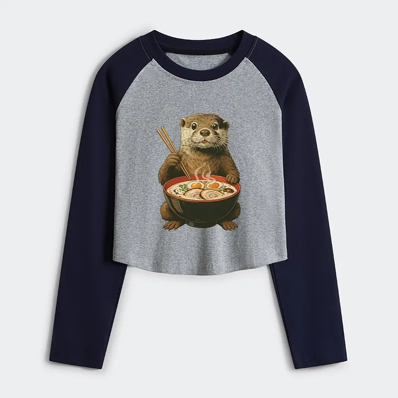 Tokyo-Tiger Japanese Otter Eating Ramen Women's Crop Raglan T-Shirt
