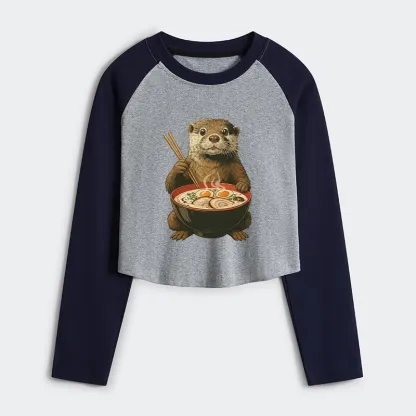 Tokyo-Tiger Japanese Otter Eating Ramen Women's Crop Raglan T-Shirt