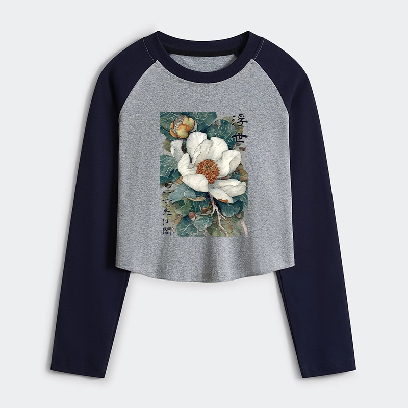 Tokyo-Tiger Ukiyoe Magnolia Flower Poster Women's Crop Raglan T-Shirt
