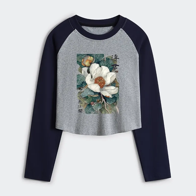 Tokyo-Tiger Ukiyoe Magnolia Flower Poster Women's Crop Raglan T-Shirt