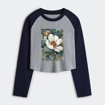 Tokyo-Tiger Ukiyoe Magnolia Flower Poster Women's Crop Raglan T-Shirt