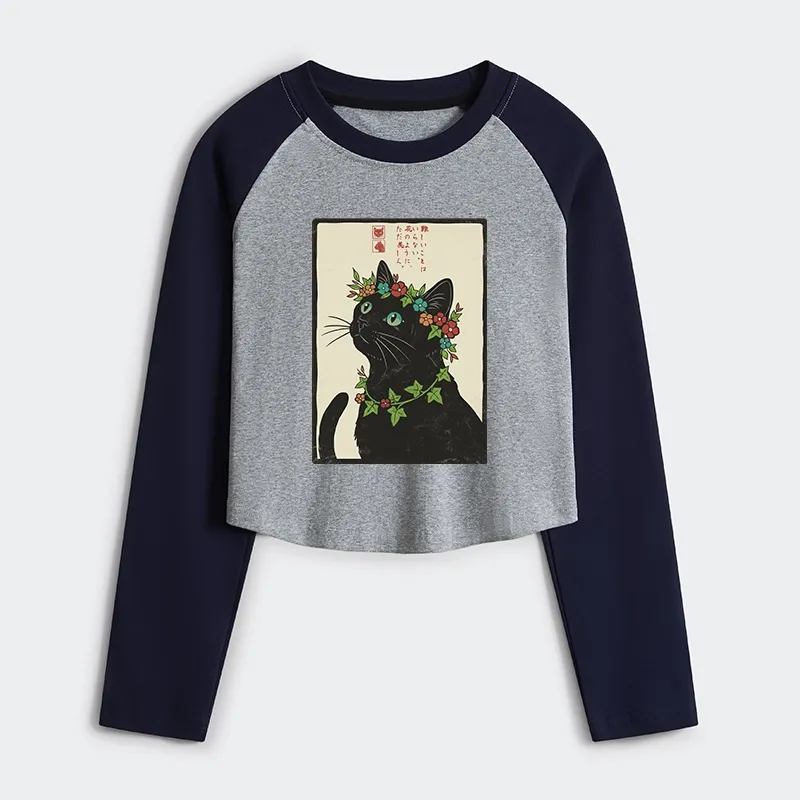 Tokyo-Tiger The Flower-Crowned Cat Women's Crop Raglan T-Shirt