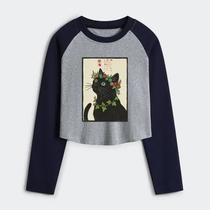 Tokyo-Tiger The Flower-Crowned Cat Women's Crop Raglan T-Shirt