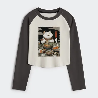 Tokyo-Tiger The Ramen-Loving Cat Women's Crop Raglan T-Shirt