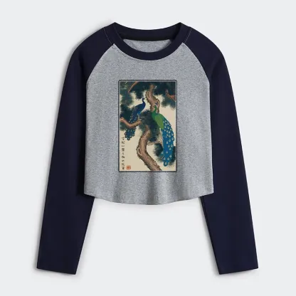 Tokyo-Tiger Peacocks in Snowy Pines Women's Crop Raglan T-Shirt