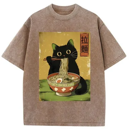 Tokyo-Tiger Vintage Japanese Cat Eating Ramen Washed T-Shirt
